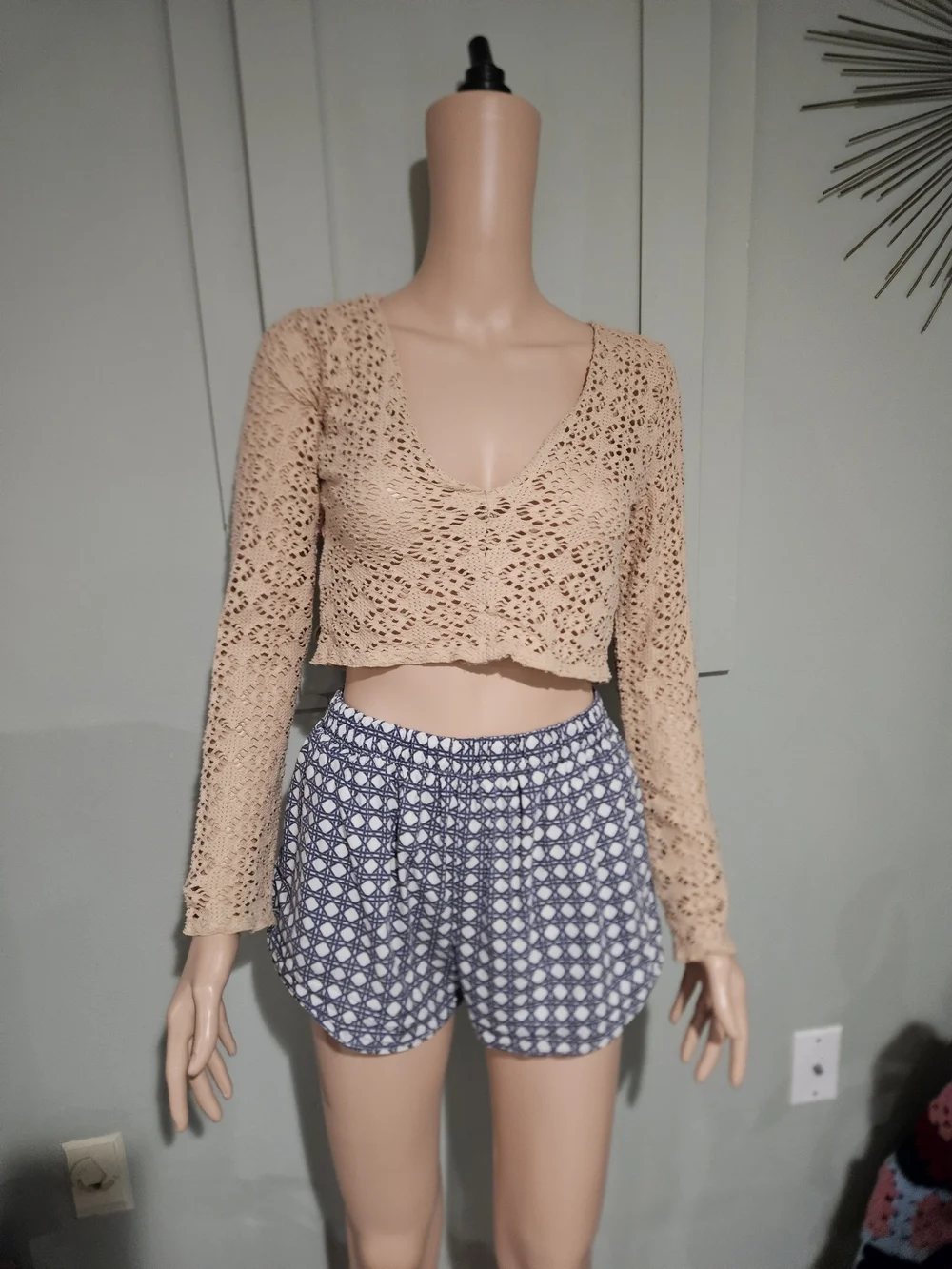 FP Beach Reversible Crochet Knit Long Sleeve Crop Top Beige Size S